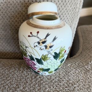 White Porcelain Floral & Songbird Ginger Jar with Gold Trim